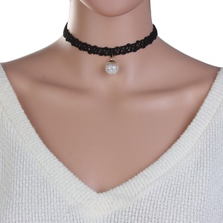 สร้อยคอ Choker แฟชั่น โพลีเอสเตอร์สีดำ จี้พลอยใส ยาว 33 ซม. 1 เส้น