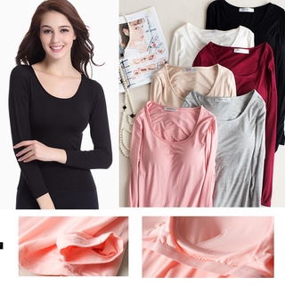 เสื้อยืดแฟชั่น ผ้าคอตตอน Women Padded Solid Color No Ring T-shirt Bra-t with chest pad modal long sleeves T-shirt Nightwear