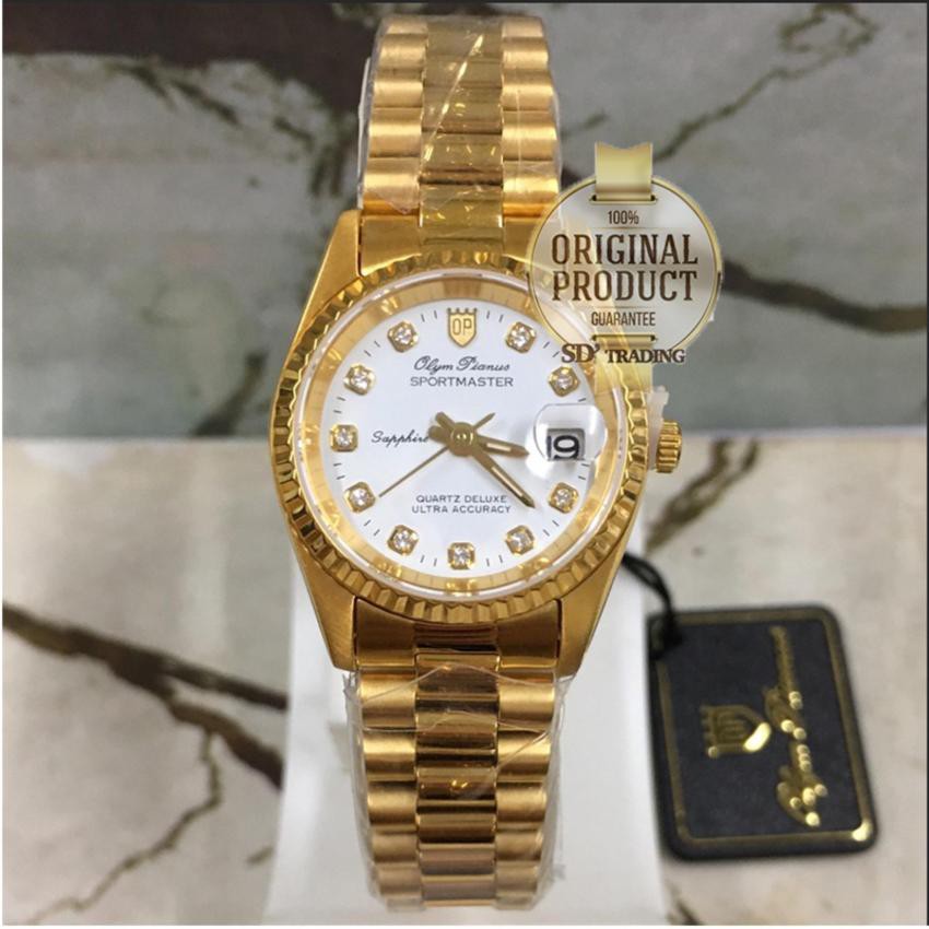 OP (Olym Pianus) นาฬิกาข้อมือผู้หญิงขอบหยัก ซัฟฟราย สายสแตนเลสทอง รุ่น 68322-403E GW (ทอง/ขาว)