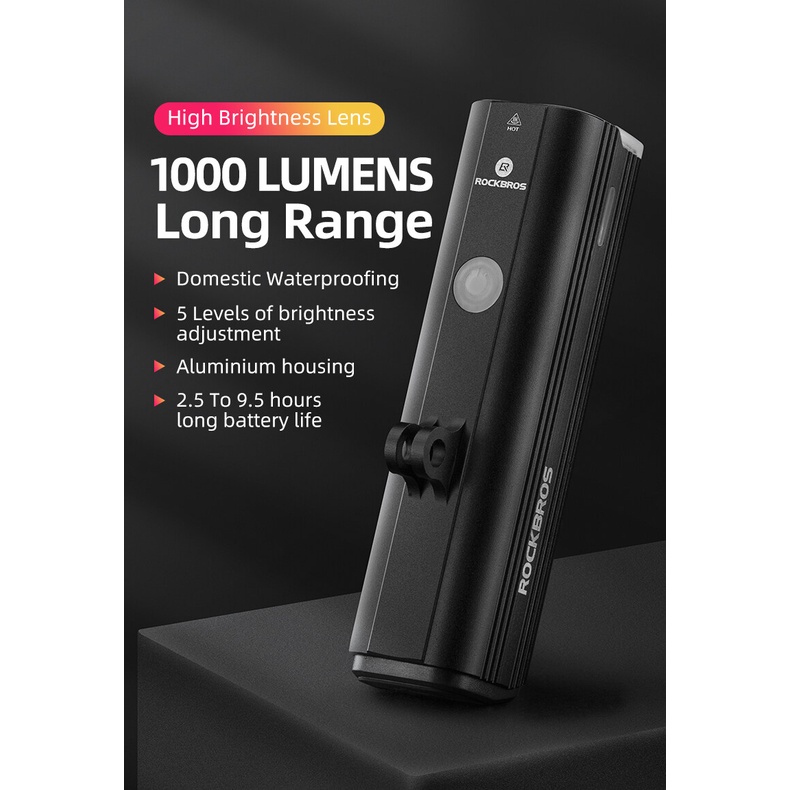ROCKBROS ไฟหน้าจักรยาน กันน้ํา 1000 ลูเมน ชาร์จ USB ไฟฉาย LED พร้อมตัวยึด อเนกประสงค์ - รูปที่ 5