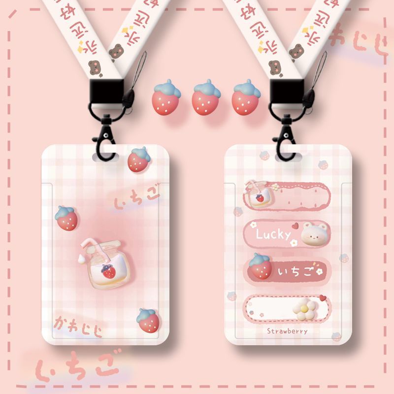 กระเป๋าใส่บัตรประจําตัวประชาชน ลายการ์ตูนหมี สตรอเบอร์รี่ แฟชั่น พร้อมสายคล้อง สําหรับนักเรียน