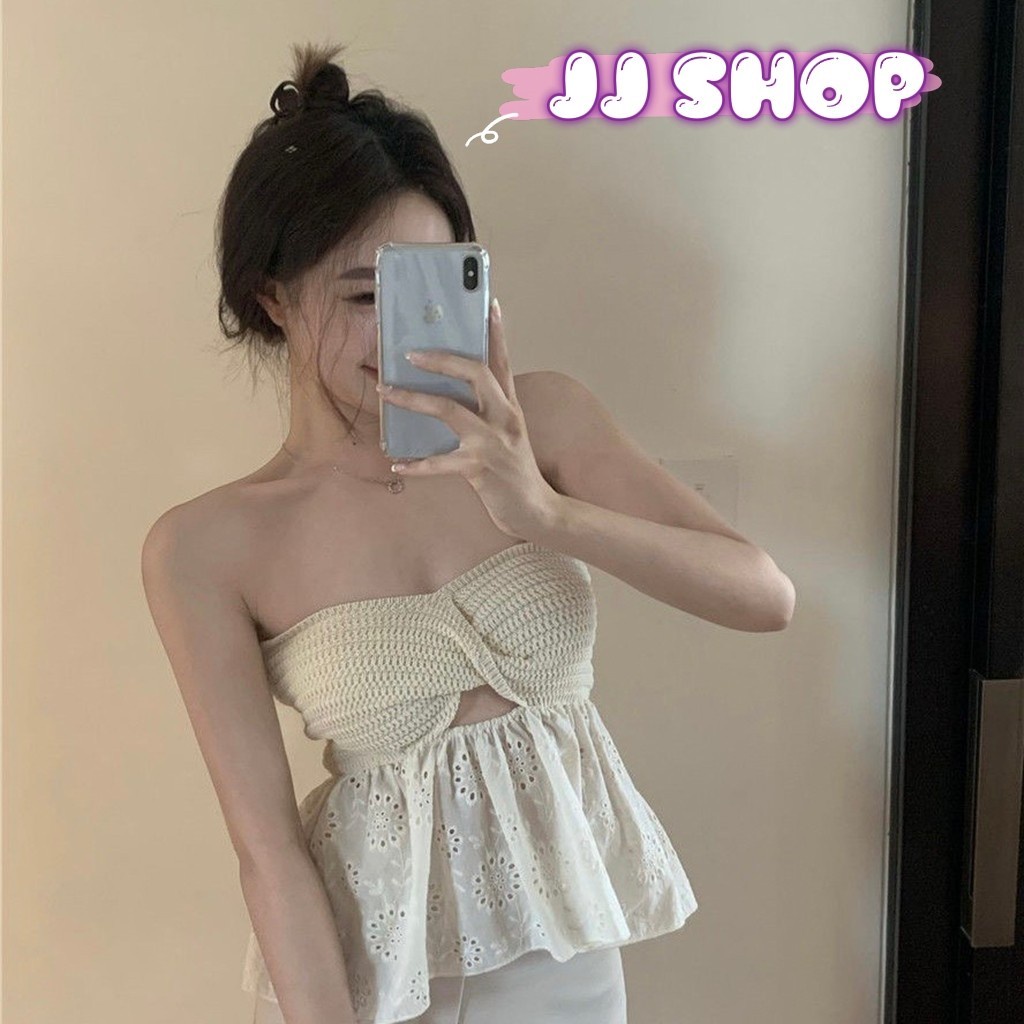 JJ shop พร้อมส่ง เสื้อเกาะอก ไหมพรมเว้าด้านหน้าอก ชายเสือดีเทลลายดอกไม้ "86050"