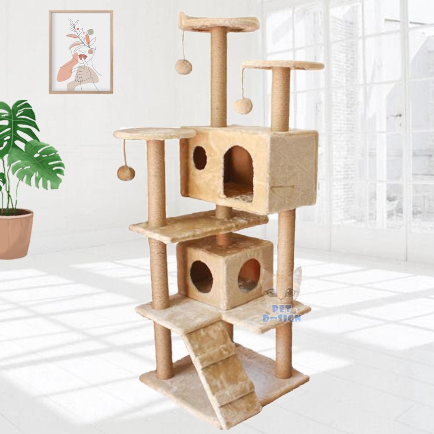 [พร้อมส่งจ้า] คอนโดแมวพรีเมี่ยม สูง 150cm 16kg แข็งแรง ทนทาน  พร้อมบ้าน2หลัง บันไดของเล่น กำมะหยี่ทั