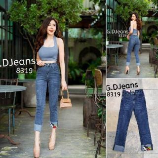 G.D.Jeans รุ่น 8319กางเกงยีนส์ขายาวผ้ายืดผ้าฮ่องกงทรงกระบอกเล็กเล่นดีไซน์ขาพับขึ้นสกินลายมิกกี้เมาส์ตามแฟชั่น