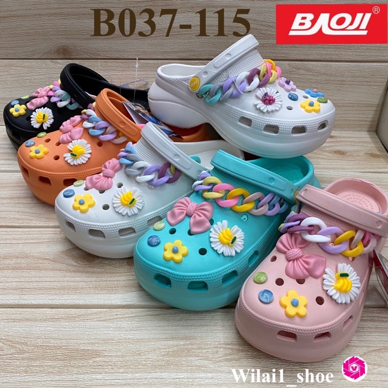 Baoji B037- 115 รองเท้าหัวโต ลายโซ่ดอกไม้ (36-40) สีขาว/ดำ/ชมพู/เขียว/ส้ม ยห