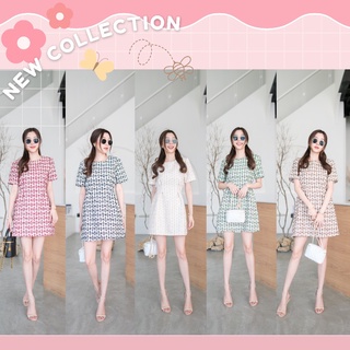 Mashr - Tweet dress พร้อมส่ง ครีม กรม อก34-36 เดรสทวีต แขนสั้น ผ้าทอลาย น่ารักมาก