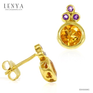 Lenya Jewelry ต่างหูพลอยซิทริน (Citrine) ประดับพลอยอเมทิสต์ สีสันสดใส ตัวเรือนเงินแท้ชุบทอง