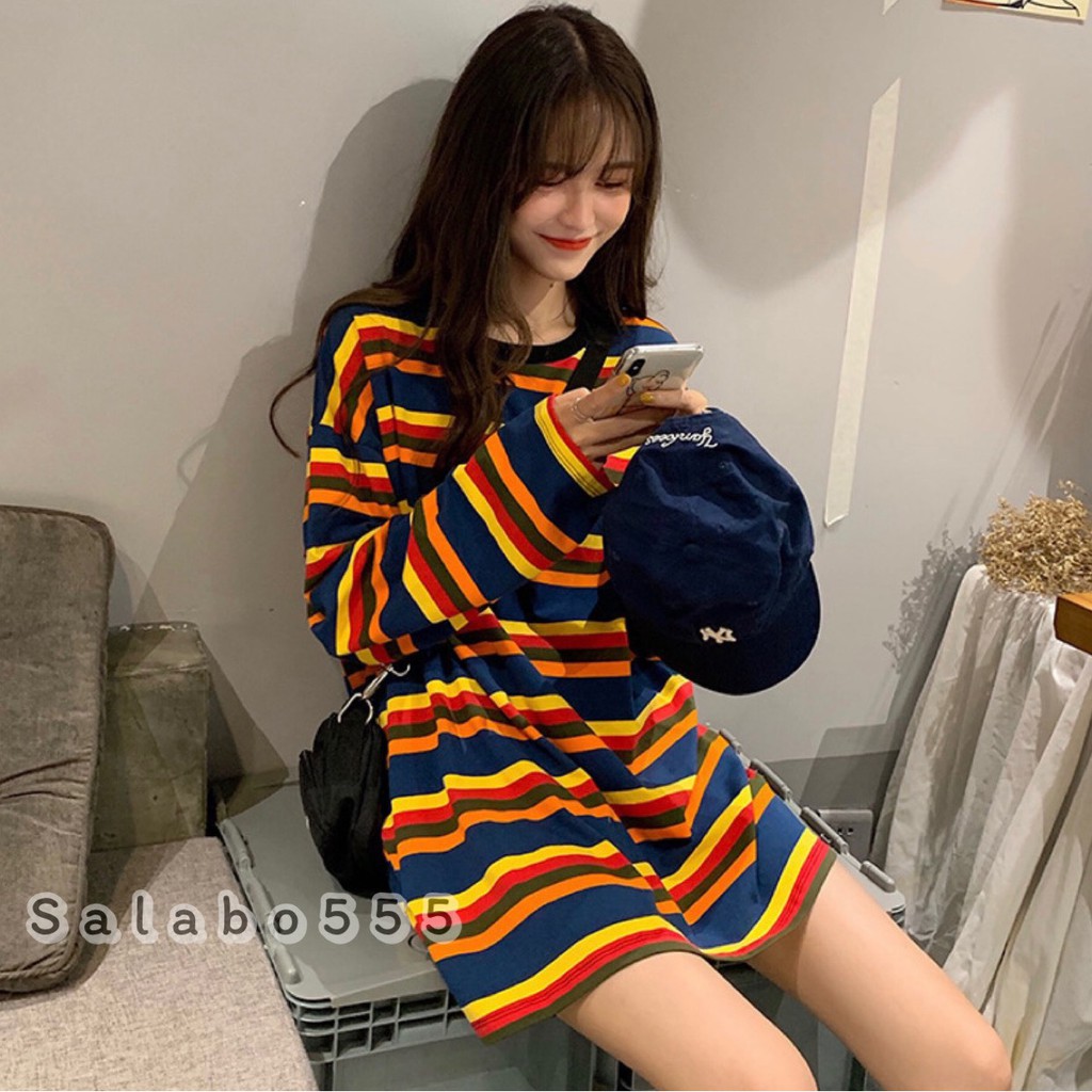 SALABO(พร้อมส่ง) มินิเดรสลายทาง แขนยาว ผ้านิ่ม แนวสุดๆพร้อมส่ง#327