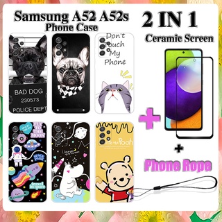 2 IN 1 เคสโทรศัพท์ Samsung A52 A52s พร้อมกระจกนิรภัยกันรอยหน้าจอ เซรามิค ฟิล์มโค้ง การ์ตูน