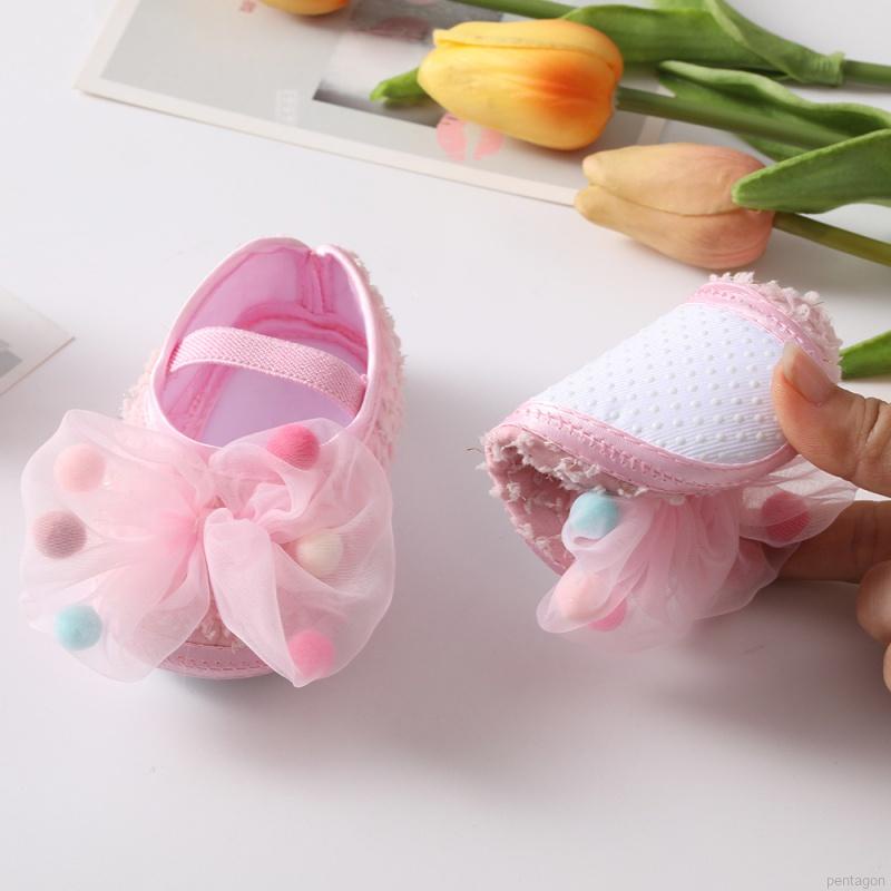 2PCS Baby Girl Princess ShoesHeadband Set Net Yarn Bowknot Prewalker Toddler Soft Sole Anti-slip Walking Shoes