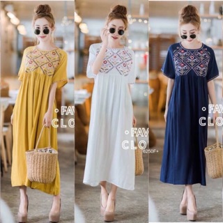🍊🍊Maxidress แม็กซี่เดรส  ผ้าโฟร์เวย์พิมลายเก๋ๆสไตล์โบฮีเมี่ยน
