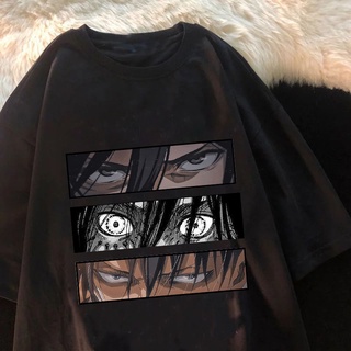 ROUND คอลูกเรือเสื้อยืด พิมพ์ลายกราฟิกอนิเมะผ่าพิภพไททัน Shingeki No Kyojin Mikasa Eren Ackermanga Titan Attack 90s แฟชั