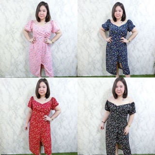 เสื้อผ้าคนอ้วน ดรสใส่ออกงานเปิดไหล่แต่งไขว้ ตัวกระโปรงแหวกด้านหน้าด้านหลังทรงปล่อยไม่สม็อค