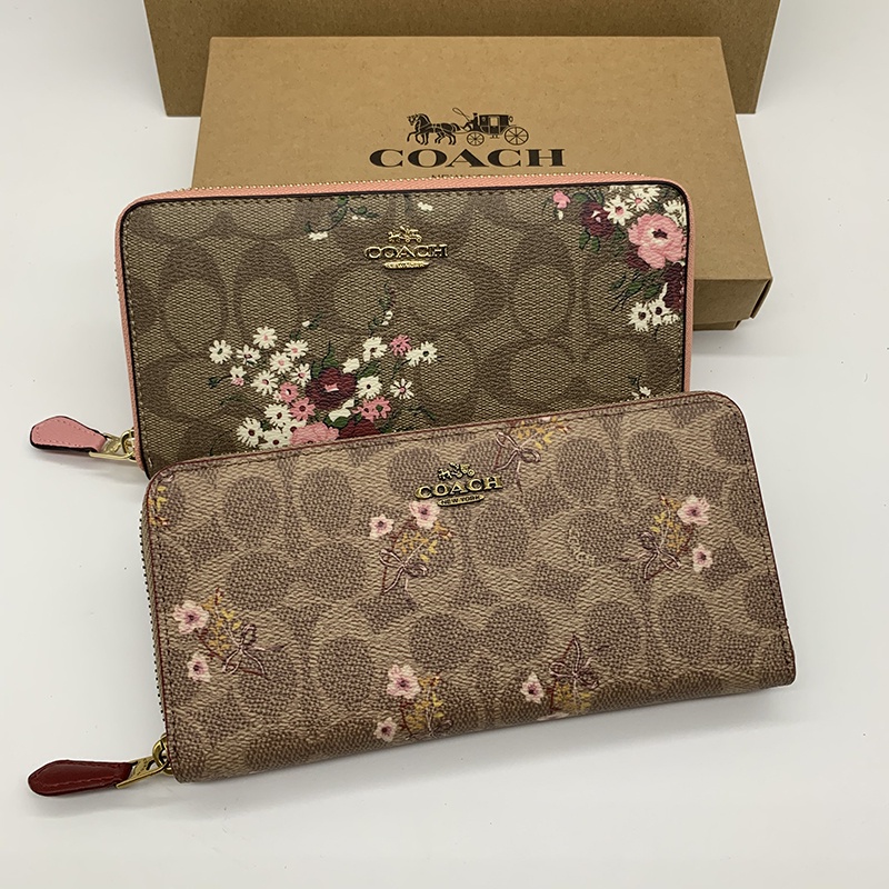 COACH F67245 69931 กระเป๋าสตางค์สุภาพสตรีใหม่กระเป๋าสตางค์ลายดอกไม้กระเป๋าสตางค์ยาวกระเป๋าสตางค์สุภาพสตรีซิปกระเป๋าสตางค์หนังแท้กระเป๋าถือกระเป๋าถือบัตรกระเป๋าสตางค์ศูนย์