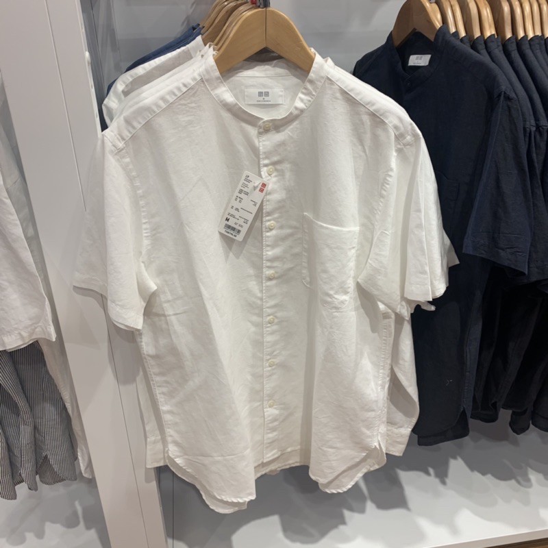 uniqlo 100% (ของผู้ชาย) S M L XL เสื้อเชิ้ตคอจีนขอบเล็กแขนสั้น ผ้าเบาสบาย ใส่ไม่ร้อน ของแท้💯💯จากช็อป