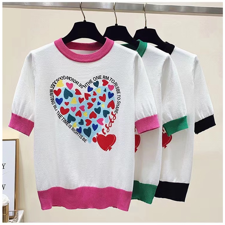 เสื้อยืดคอกลม ไหมพรม ลายหัวใจมีให้เลือก3สี เสื้อแฟชั่นแขนจั้มดีเทล หัวใจสุดคั้วท์ๆ XMM55