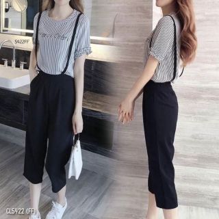 เสื้อยืดคอกลมแขนสั้นลายริ้วปักตัวหนังสือ ใส่คู่กับเอี้ยมขา 5 ส่วน