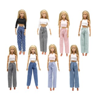 New 1/6 Doll Clothes Fashion Sleeveless Top and Casual Pants Denim Grid Daily Wear Accessories Clothes for Barbie Doll