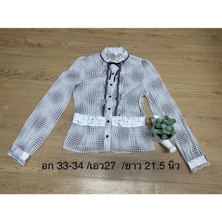 ส่งต่อ😘เสื้อ#ชีฟองขาวลายจุด👚Sอก33-34ช่วงเอวไม่เกิน28