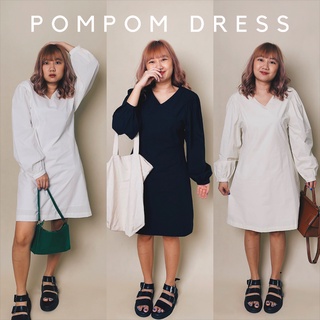 Pompom dress เดรสมินิมอลแขนยาว เดรสคอวี เดรสแขนยาวคอวี เดรสทำงาน เดรสผ้ายูนิโคล เดรสสไตล์เกาหลี เดรสยาวคลุมเข่า เดรสคาเฟ