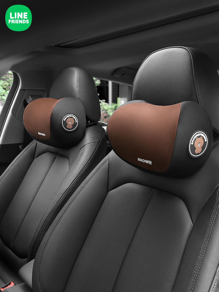 หมอนรองศีรษะ ในรถยนต์ ลาย Line Friends Cartoon Car Headrest Brown Bear Air Permeable Bone Pillow Car Neck Pillow Car Seat
