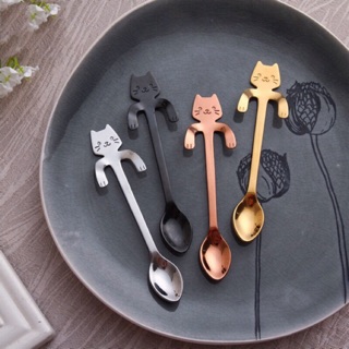 EZ ช้อนกาแฟสแตนเลส ช้อนขนาดเล็ก 1 ชิ้น รูปแมวน่ารัก สวยงาม Cat Teaspoon Spoon Coffee Tea Cute