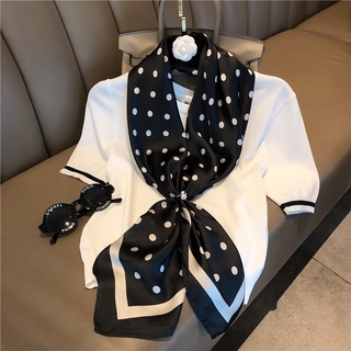 ✨Ready Stock✨90cm Ladies Large Size Classical Soft Shawl Wrap Hijab Women Erchape Bandana Foulard Kerchief Dot Printed Square Silk Scarf WJ1006