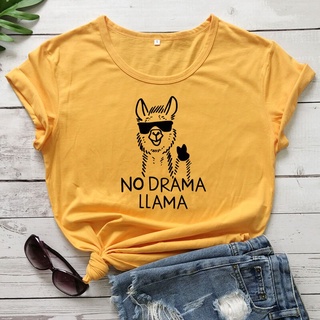 T-shirt  เสื้อยืด พิมพ์ลายกราฟฟิค No Drama Llama น่ารัก สําหรับผู้หญิงS-5XL