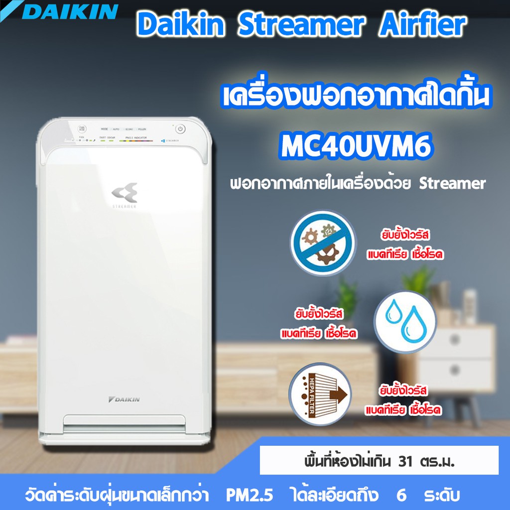 Daikin Streamer Airfier เครื่องฟอกอากาศไดกิ้น MC40UVM6 ฟอกอากาศภายในเครื่องด้วย Streamer