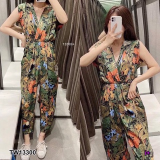 TW13300 Jumpsuit จั้มสูทแขนกุดขายาว คอวี ผ้าไหมอิตาลี่ลายใบไม้ มีกระเป๋าลเวง 2 ข้าง เอวสม็อครอบ พร้อมส่ง