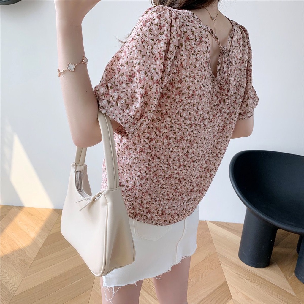 ฤดูร้อนผู้หญิงเสื้อชีฟองดอกไม้คอวีแขนสั้นเชือกรูดด้านบน - รูปที่ 6