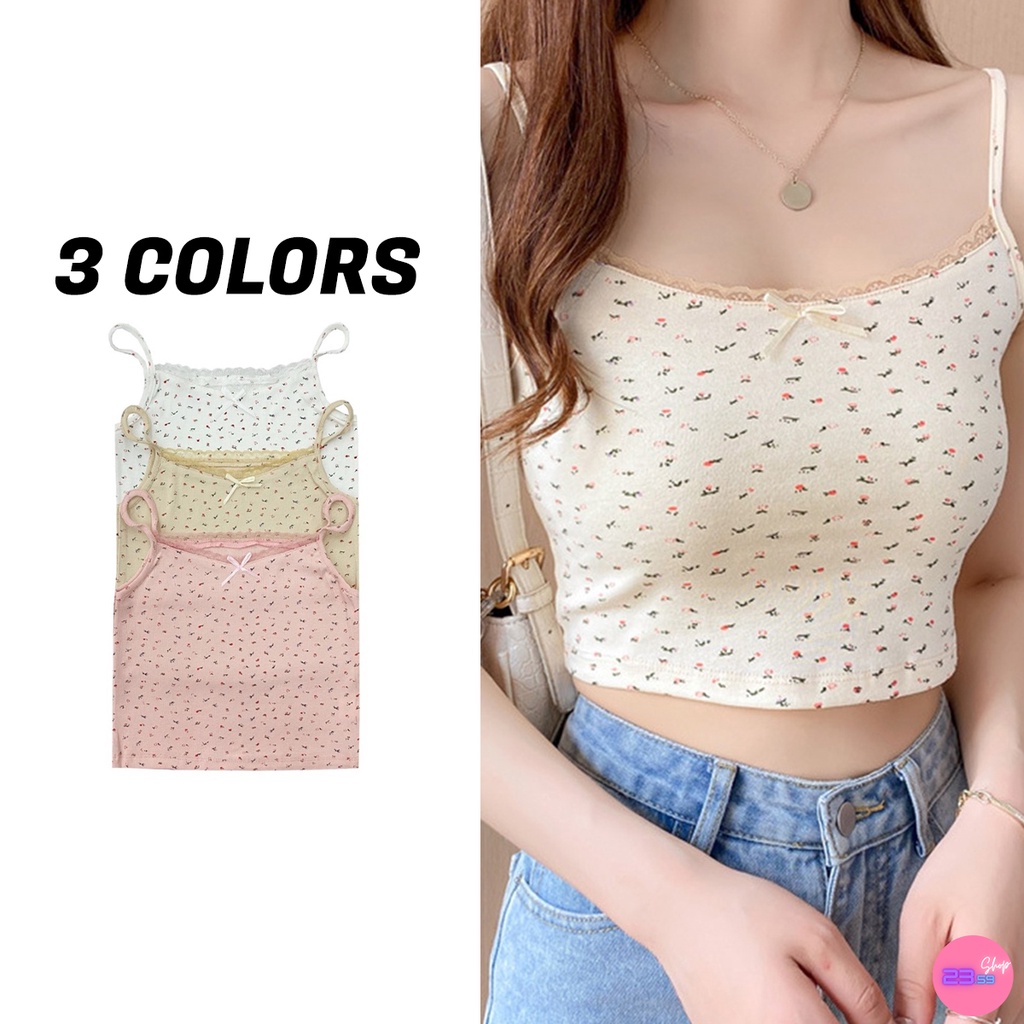 Sale80% เสื้อครอปสายเดี่ยวลายดอกไม้จิ๋ว คอแต่งลูกไม้ 3 สี