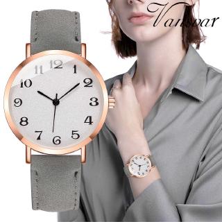 นาฬิกาข้อมือแฟชั่นสตรีสายหนังตัวเลขอารบิก analog quartz