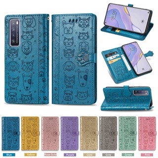 เคสโทรศัพท์มือถือหนังฝาพับ HUAWEI Nova 4e 5T 7 se 7i Nova4e Nova5T Nova7 Nova7i phone case fashion เคสโทรศัพท์แบบเชือกเส้นเล็กสีทึบกันกระแทกกันน้ำที่วางโทรศัพท์มือถือหนังฝาพับกราฟิกแมวและสุนัขพร้อมกระเป๋าสตางค์มือถือพร้อมช่องเสียบการ์ด