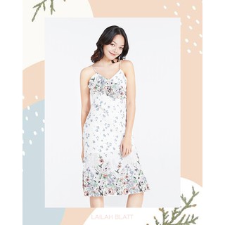 Lailah Blatt Spring Ruffle Midi Dress ชุดเดรส สายเดี่ยวระบายหน้า ลายดอกไม้ สีขาว