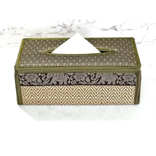 กล่องใส่ทิชชู่เสื่อกก ผ้าไหม ลายไทย ลายช้าง แบบมีทรง Reed Tissue Box