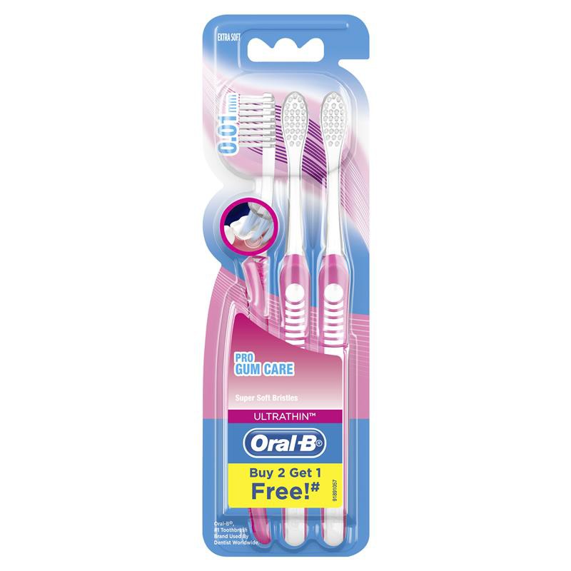 แปรงสีฟันคู่มือ Oral B Pro Gum Care 3 ต่อแพ็ค - ปลายยืดหยุ่นมากขึ้น EXTRA SOFT 2X เพื่อทําความสะอาดท
