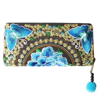 Butterfly Blue Bohemian  Wallet กระเป๋าสตางค์ใบยาวสไตล์โบฮีเมียน (ผ้าลายปักผีเสื้อโทนฟ้าทอง)