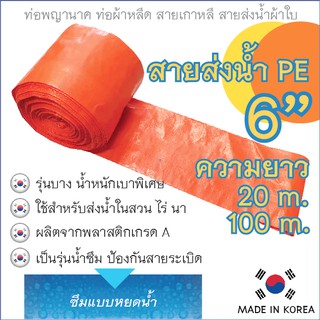 สายส่งน้ำ PE ขนาด 6 นิ้ว ยาว 20เมตร และ 100เมตร ชนิดเบาพิเศษ สีส้ม รุ่นน้ำซึม MADE IN KOREA