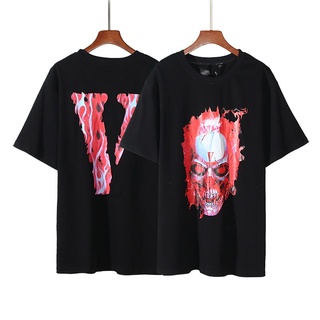 ผ้าฝ้ายคอกลมเสื้อเชิ้ตลูกฟูก2022 ใหม่ VLONE หลวมเสื้อยืดผู้ชายผู้หญิง Flame Skull head พิมพ์ Tee Tops ผ้าฝ้ายคุณภาพสูงแข