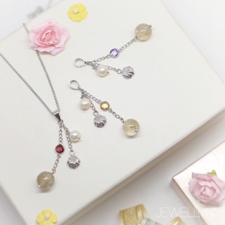 JEWELLYN Golden Rutilated Quartz Pendant with Pearl and Gemstones จี้ไหมทองและมุกแท้