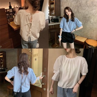 🩰Rachel bundle shirt🩰 เสื้อแขนตุ๊กตา ดีเทลผูกหลัง มีสองสี ฟ้าเทา ขาว