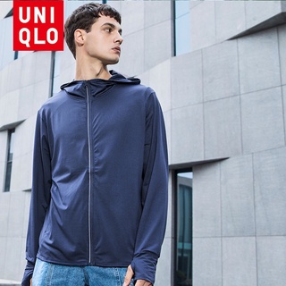 Uniqlo เสื้อแจ็กเก็ตแขนยาว มีฮู้ด แต่งซิป ป้องกันรังสียูวี สําหรับผู้ชาย