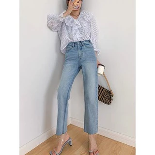 jean Girl 【ผ้ายืด】กางเกงยีนส์ทรงกระบอกเล็ก ผ้ายีนส์ยืด เอวสูง ปลายขาตัด รับประกันเนื้อผ้าอย่างดี