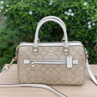 (ผ่อน0%) กระเป๋าสะพายข้าง 83607 Signature Rowan Satchel Light Khaki Chalk ทรงหมอน ลายซี สีครีม สายสีขาว ทรงหมอน รุ่นใหม่