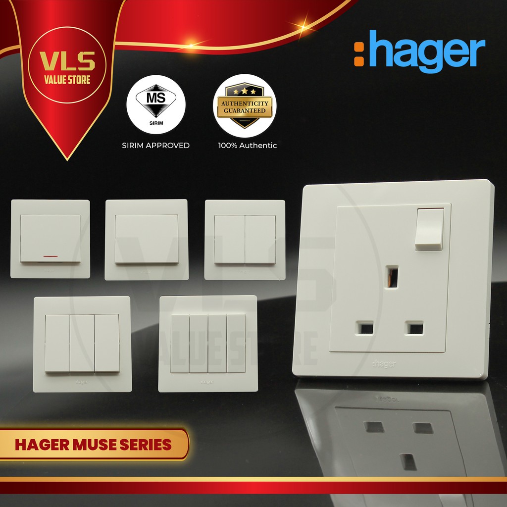 Hager Muse Series Switches & Socket 1G1W 2G1W 3G1W 4G1W 20A เครื่องทําความร้อน 13A ซ็อกเก็ต