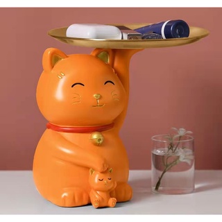 Orange Cat แมวนำโชค และลูกตัวน้อย ถือถาด porch lucky cat แมวประดับ ที่เก็บเครื่องประดับ กุญแจ   ตกแต่งสำนักงาน