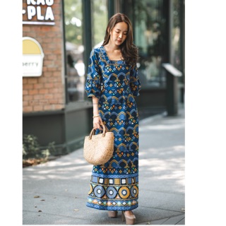 เดรสยาว ผ้าคอตตอนพิมพ์ลาย เดรสลายดอก ชุดหน้าร้อน Maxi dress อก40”เอว30-38”