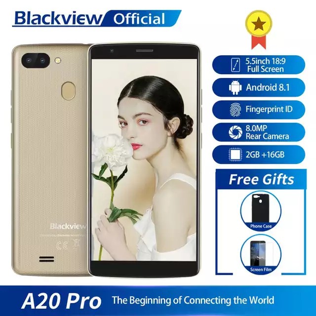 Blackview A20 Pro สมาร์ทโฟน 2GB + 16GB Quad Core Android 8.1 5.5 นิ้ว 18: 9 ลายนิ้วมือแบบเต็มหน้าจอ 4G โทรศัพท์มือถือ