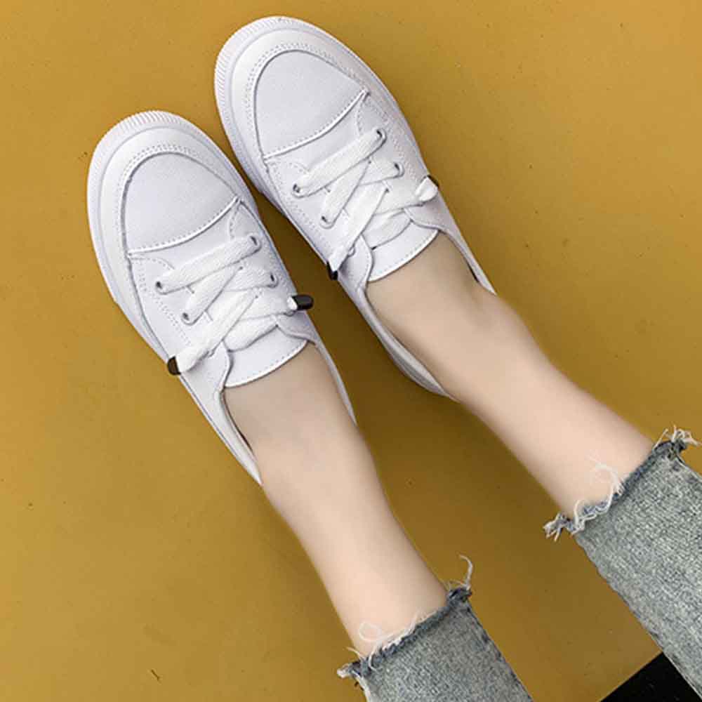 Korean🧧  รองเท้าผ้าใบแฟชั่น ทรงหน้าสั้น สีขาวล้วน ไซส์ 35-40